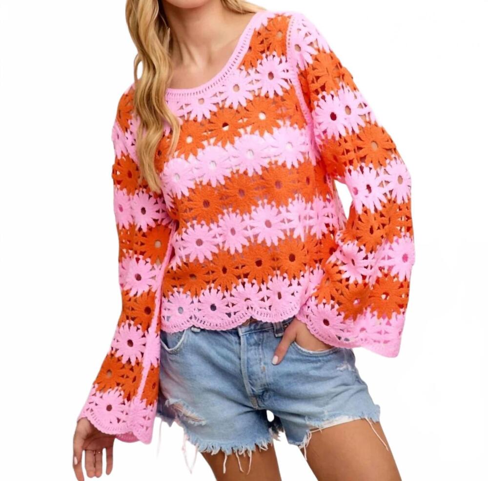 NEW BIBI flower crochet knit top in pink & orange